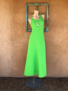 1970s Maxi Sundress Lime Green with Daisies Sz S M