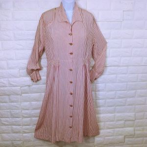 Vintage 30s-40s Striped Shirt-Dress Unique Buttons-up Sheath -14(L) Pin-Tucks Long Sleeve Cuffed 