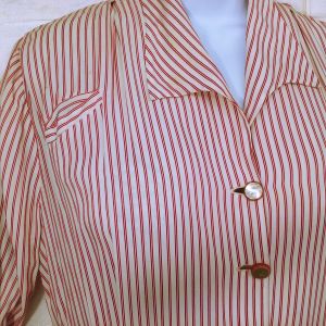 Vintage 30s-40s Striped Shirt-Dress Unique Buttons-up Sheath -14(L) Pin-Tucks Long Sleeve Cuffed  - Fashionconstellate.com