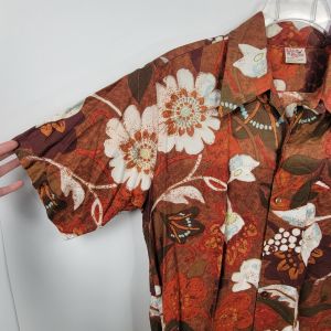 Vintage Barefoot in Paradise Hawaiian Shirt Orange Brown Floral - Fashionconstellate.com