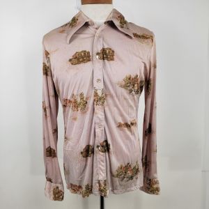 Vintage 1970s Ciffa by Europe Craft Cowboy Indian Print Light Pink Shirt 