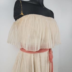 Vintage 1960s Miss Elliette Beige & Pink Strapless Pleated Chiffon - Fashionconstellate.com