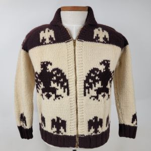 Vintage Hand Knit Cowichan Thunderbird Eagle Wool Full Zip Cream & Brown Sweater