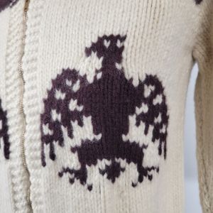 Vintage Hand Knit Cowichan Thunderbird Eagle Wool Full Zip Cream & Brown Sweater - Fashionconstellate.com