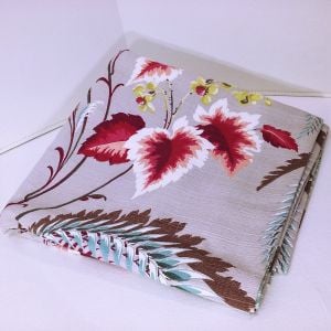 Vintage 40s-50s Textile Barkcloth Fabric Botanical Yardage 47''x93'' Selvedge Edge Grey Maroon - Fashionconstellate.com