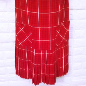 Vintage 50s-60s Teena Paige Pinafore Jumper Dress Checked Plaid Pleated Pockets Red - Fashionconstellate.com