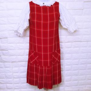 Vintage 50s-60s Teena Paige Pinafore Jumper Dress Checked Plaid Pleated Pockets Red