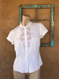 1950s White Irish Linen Blouse with Pink Embroidery Sz M L