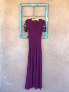 1930s Plum Crepe Dress Sequin Sleeves Formal Length Sz xS