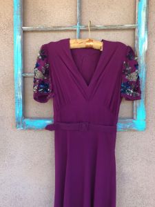 1930s Plum Crepe Dress Sequin Sleeves Formal Length Sz xS - Fashionconstellate.com
