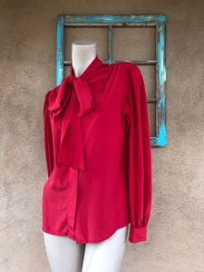 1980s Lipstick Red Blouse Secretary Style with Bow Sz S M - Fashionconstellate.com