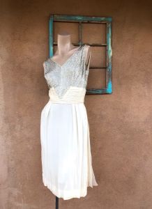 1960s Off White Chiffon Dress Silver Sequin Bodice Sz S M
