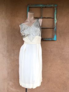 1960s Off White Chiffon Dress Silver Sequin Bodice Sz S M - Fashionconstellate.com