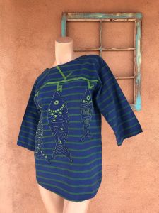 1960s Striped T Shirt Tunic Mexican Embroidered Fish Sz L - Fashionconstellate.com