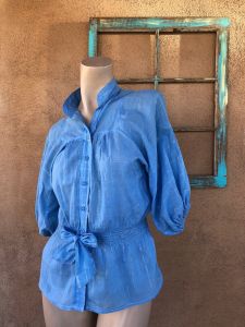 1970s Blue Indian Cotton Blouse Button Up Sz S M - Fashionconstellate.com