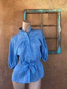 1970s Blue Indian Cotton Blouse Button Up Sz S M