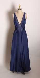 1980s Navy Blue Lace Detail Night Gown with Matching Full Length Lace Detail Robe by Olga 94280 - Fashionconstellate.com