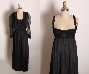 1980s Black Nylon Push Up Night Gown with Matching Sheer Sleeve Button Up Robe by Olga 94480