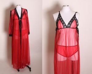 1960s Red and Black Lingerie Open Side Night Gown with Matching Panties and Open Sleeve Robe Lingeri