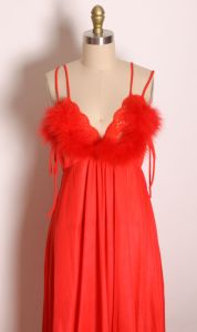 1970s Red Fuzzy Marabou Feather Trim Spaghetti Strap Lace Full Length Night Gown by JCPenney  - Fashionconstellate.com