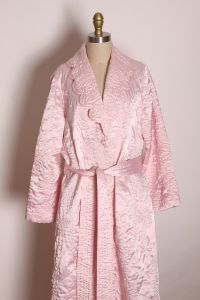 1960s Light Pink Satin Polyester Quilted Floral Pattern Full Length Long Sleeve Robe  - Fashionconstellate.com