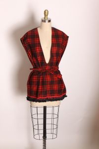 1970s Red and Black Plaid Fringe Hem Sleeveless Pullover Belted Vest  - Fashionconstellate.com