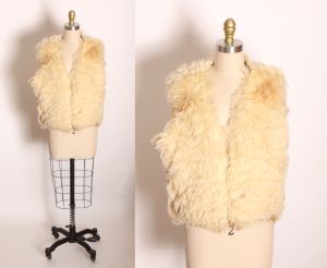 1970s Cream and Tan Mongolian Lamb Fur Sleeveless Tapestry Side Vest 