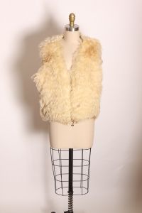 1970s Cream and Tan Mongolian Lamb Fur Sleeveless Tapestry Side Vest  - Fashionconstellate.com