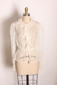 1970s White Sheer Lace Long Sleeve Ruffle Bodice Button Up Blouse  - Fashionconstellate.com