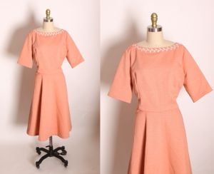 1960s Peach Pink Orange Half Sleeve Foliage Leaves Detail Fit and Flare Plus Size Dress 