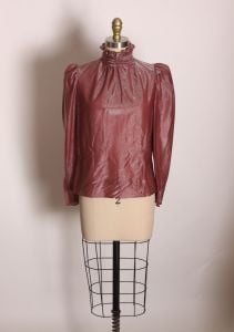 1970s Dark Pink Metallic Hue Long Sleeve High Collared Button Up Neck Blouse by That’s It California - Fashionconstellate.com