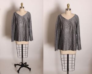 1970s Black and Silver Lurex Long Sleeve V Neck Pullover Blouse by Alice Stuart 