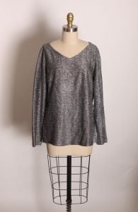 1970s Black and Silver Lurex Long Sleeve V Neck Pullover Blouse by Alice Stuart  - Fashionconstellate.com