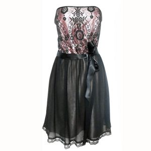 Pink & Black Lace Strapless Gunne Sax Dress, Mid Length Formal, Black Chiffon Overskirt ~ 80s - Fashionconstellate.com