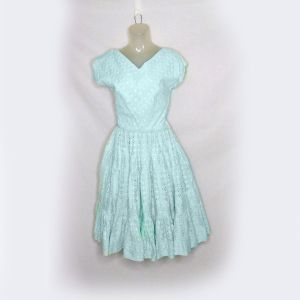 1950s Rockabilly Fit & Flare Eyelet Dress VFG Spring Light Blue Cotton - Fashionconstellate.com