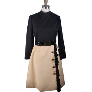 VTG Pat Sandler Wool Knit Dress Color Block Black/Tan Fringe 69's-70s Size M