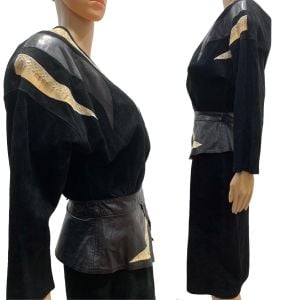 80s Black Suede Leather & Snakeskin Batwing Peplum Dress - Fashionconstellate.com