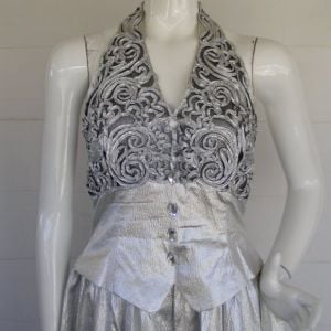 Silver Lame Gown XS/S, Embellished Halter V-neck Crinoline Maxi Jessica McClintock - Fashionconstellate.com