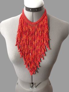 Hand Beaded Bib Necklace in Shades of Red