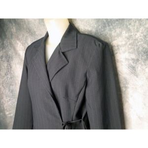 70s Plus Size Black Pinstripe Pants Suit with Longer Wrap Blazer Jacket - Fashionconstellate.com