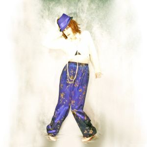 Dark Blue Satin Lounge Pants, Trousers, Formal Pant, Dark Bluecore, Gold Floral Glow ~ 90s