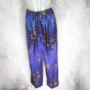 Dark Blue Satin Lounge Pants, Trousers, Formal Pant, Dark Bluecore, Gold Floral Glow ~ 90s - Fashionconstellate.com