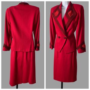 1980s Nolan Miller Red Wool Crepe Beaded Suit