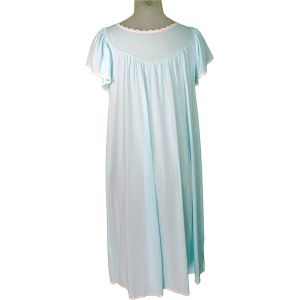 1980s Slinky Mid Length Nightgown VFG Aqua Nylon Tricot Lace Floral Embroidery - Fashionconstellate.com