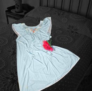 1980s Slinky Mid Length Nightgown VFG Aqua Nylon Tricot Lace Floral Embroidery