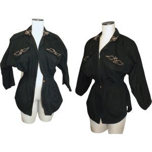 70s 80s Black Cotton Utility Jacket with Gold Trim | Batwing Safari OOAK Small - Fashionconstellate.com