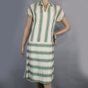 Green & Cream Striped Silk Vintage 20s Drop Waist Dress