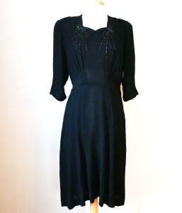 1940s Black Rayon Crepe Sequin Dress
