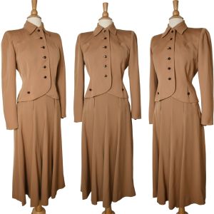 Vintage 40s Julliard Caramel Gabardine Wool Deco Peplum Skirt Blazer Suit Set