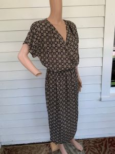 Neutral Print Dress with Matching Long Jacket 80s Vintage M 12 - Fashionconstellate.com